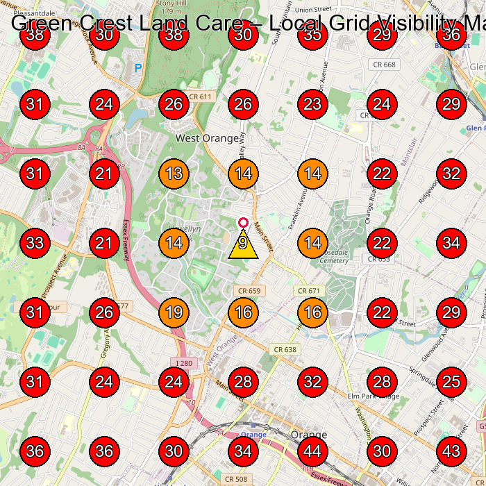 Green Crest Land Care GeoGrid visibility map for Lawn Care Service in Caldwell